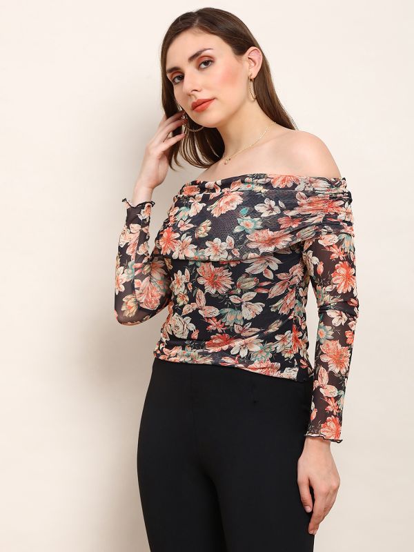 Globus Women Black Floral Off Shoulder Long Sleeve Ruched Party Top