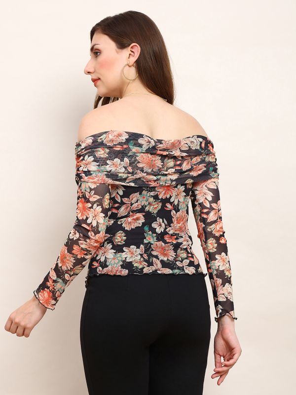Globus Women Black Floral Off Shoulder Long Sleeve Ruched Party Top