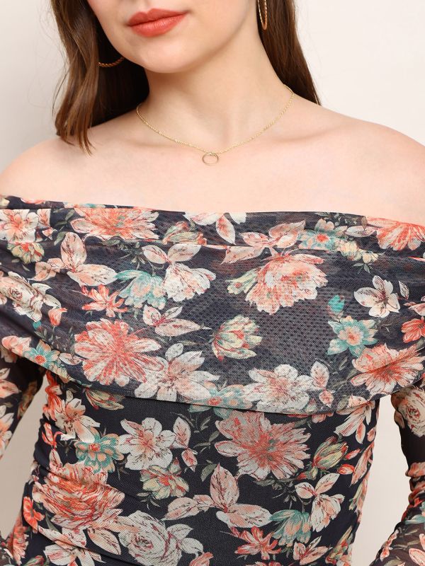 Globus Women Black Floral Off Shoulder Long Sleeve Ruched Party Top