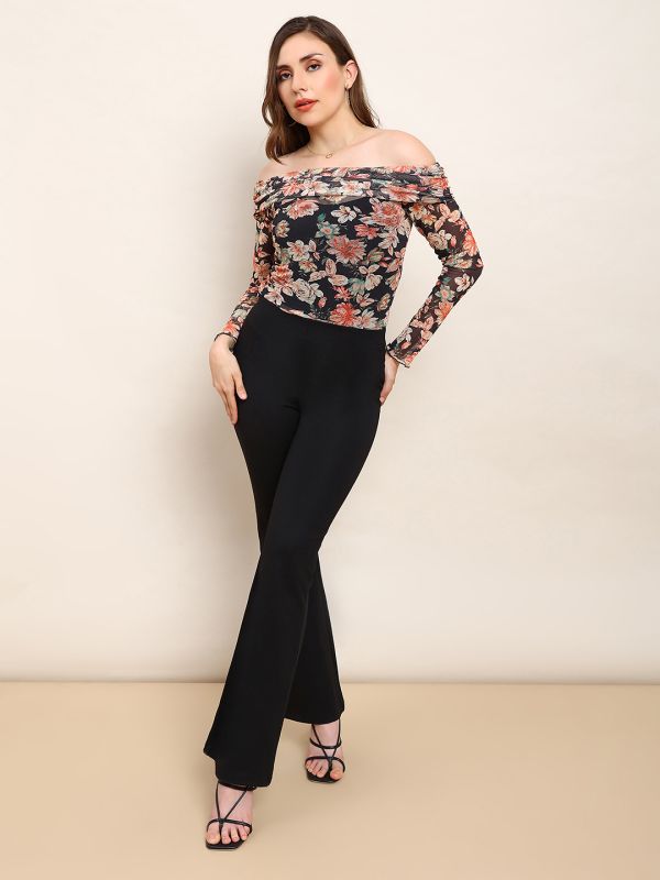 Globus Women Black Floral Off Shoulder Long Sleeve Ruched Party Top