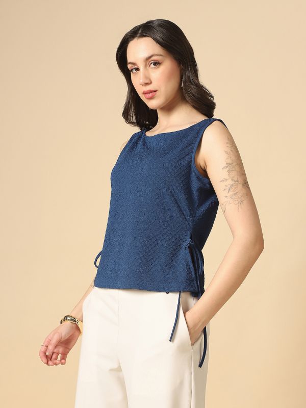 Globus Women Blue Boat Neck Waist Tie-Ups Sleeveless Textured Top