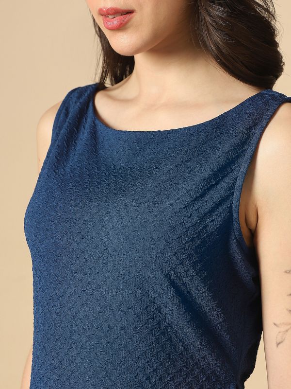 Globus Women Blue Boat Neck Waist Tie-Ups Sleeveless Textured Top