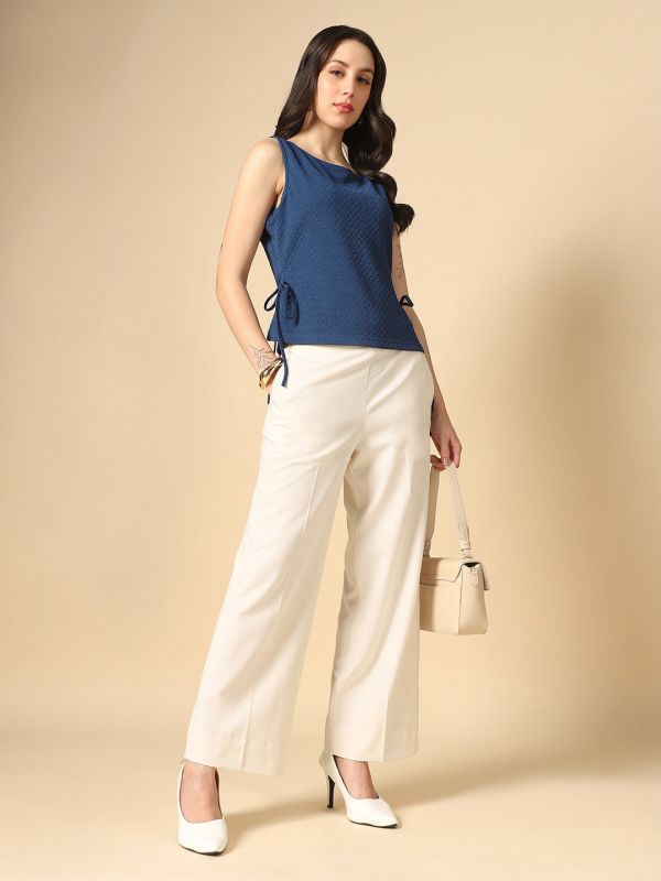 Globus Women Blue Boat Neck Waist Tie-Ups Sleeveless Textured Top