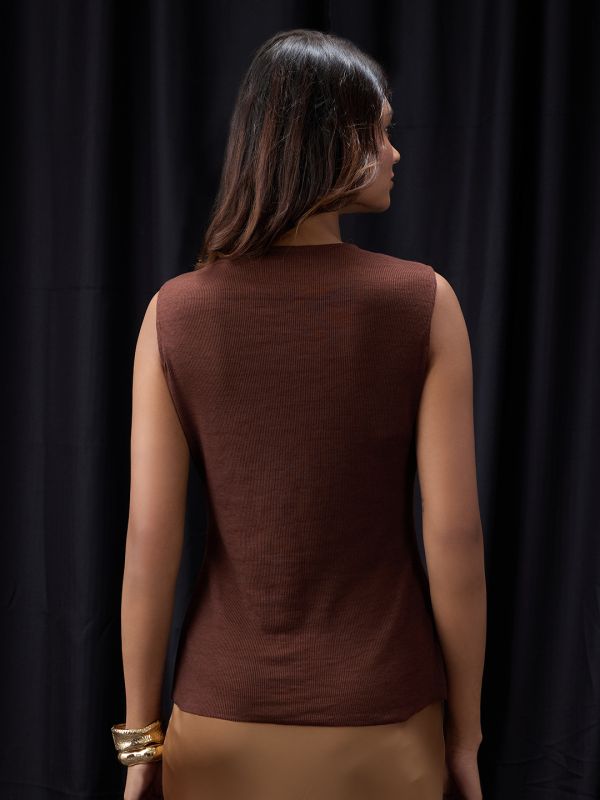 Globus Women Brown Halter Neck Sleeveless Ribbed Top