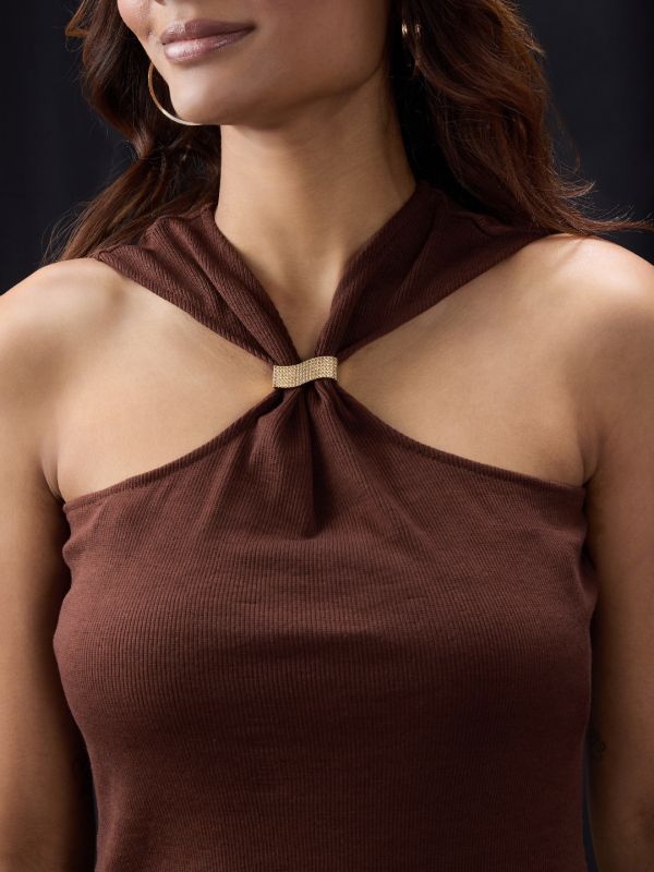 Globus Women Brown Halter Neck Sleeveless Ribbed Top