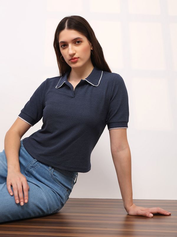 Globus Women Blue Self Design Short Sleeve Collared Neck Lace Detail Top