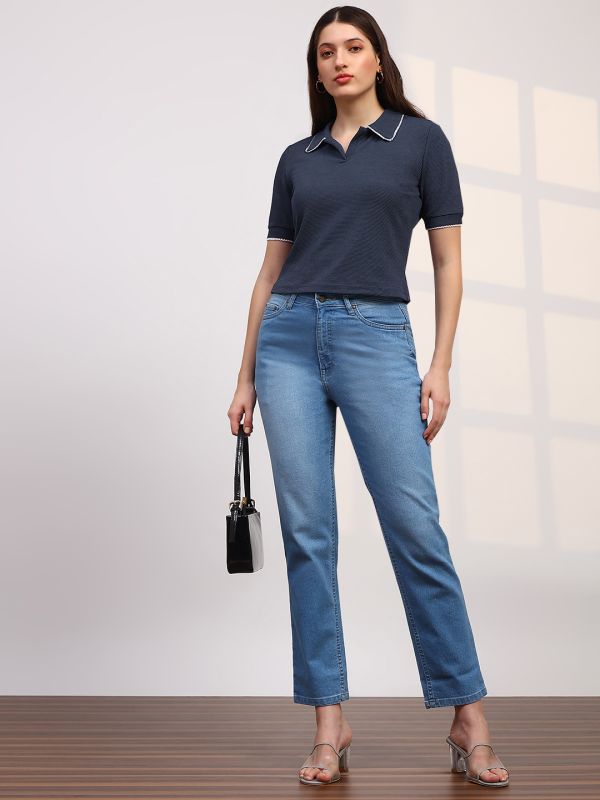 Globus Women Blue Self Design Short Sleeve Collared Neck Lace Detail Top