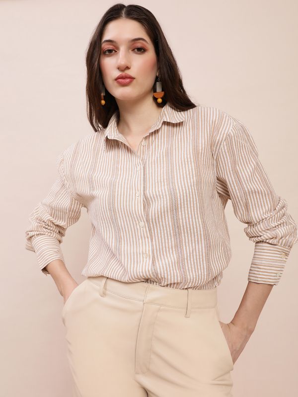 Globus Women Brown Collared Neck Cuffed Sleeves Striped Asymmetric Back Hem Oversized Shirt