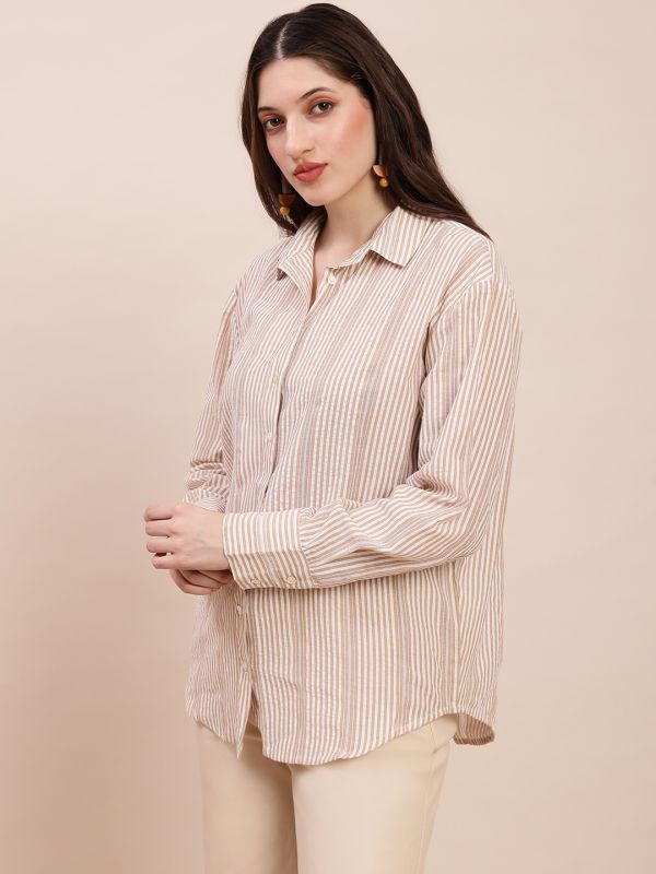 Globus Women Brown Collared Neck Cuffed Sleeves Striped Asymmetric Back Hem Oversized Shirt
