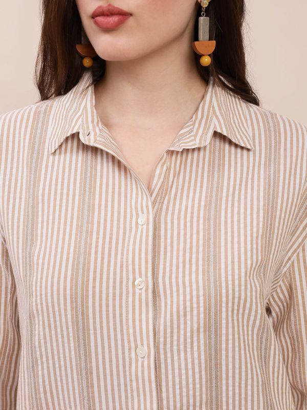 Globus Women Brown Collared Neck Cuffed Sleeves Striped Asymmetric Back Hem Oversized Shirt