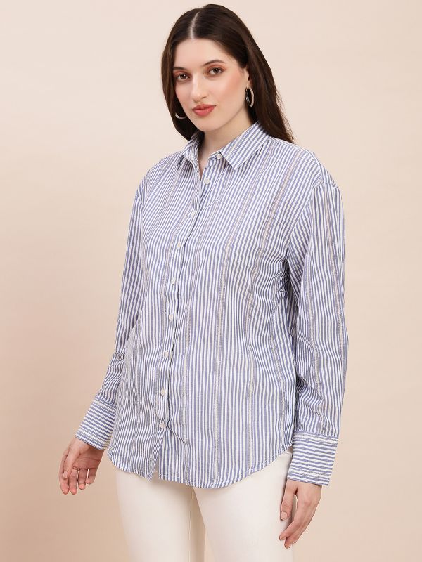 Globus Women Blue Collared Neck Cuffed Sleeves Striped Asymmetric Back Hem Oversized Shirt