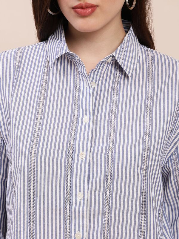 Globus Women Blue Collared Neck Cuffed Sleeves Striped Asymmetric Back Hem Oversized Shirt