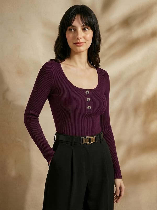 Globus Women Wine Scoop Neck Long Sleeves Button Detail Ribbed Bodysuit Top