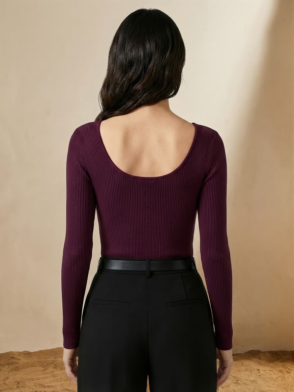 Globus Women Wine Scoop Neck Long Sleeves Button Detail Ribbed Bodysuit Top