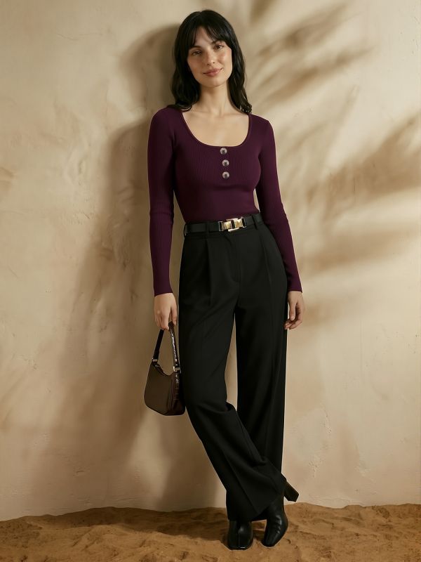Globus Women Wine Scoop Neck Long Sleeves Button Detail Ribbed Bodysuit Top