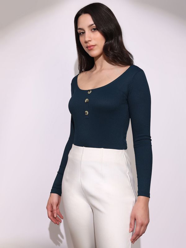 Globus Women Green Scoop Neck Long Sleeves Button Detail Ribbed Bodysuit Top