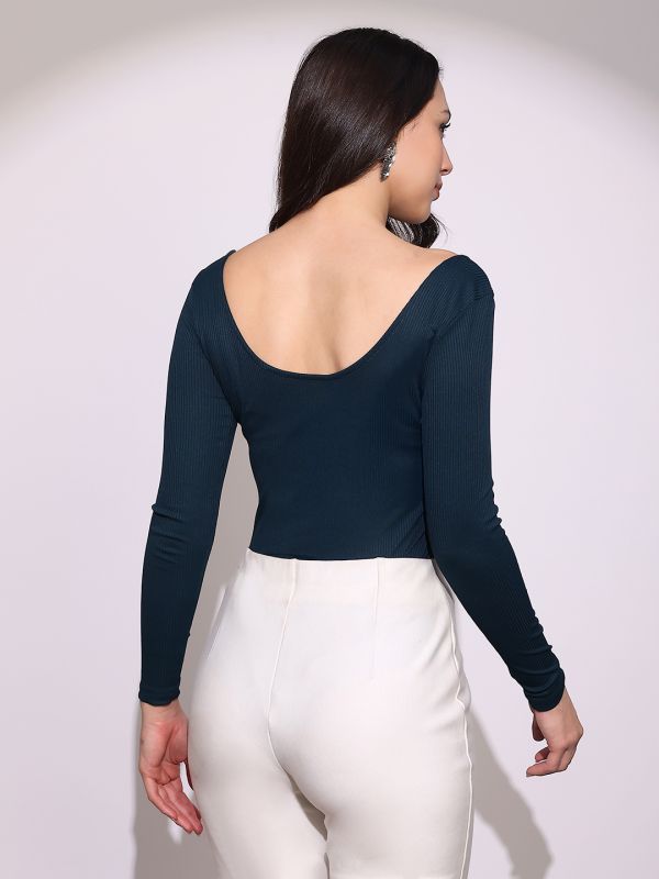 Globus Women Green Scoop Neck Long Sleeves Button Detail Ribbed Bodysuit Top