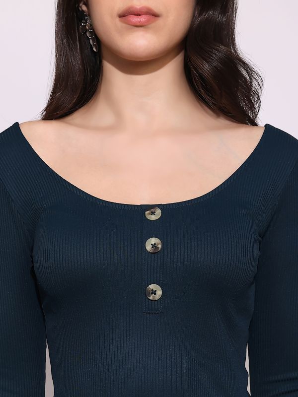 Globus Women Green Scoop Neck Long Sleeves Button Detail Ribbed Bodysuit Top