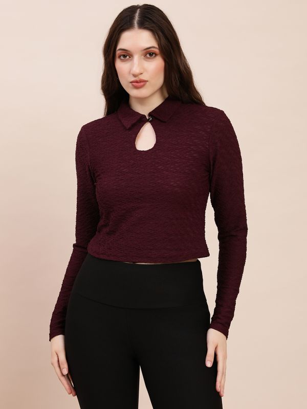Globus Women Burgundy Collared Keyhole Neck Long Sleeves Self Design Top