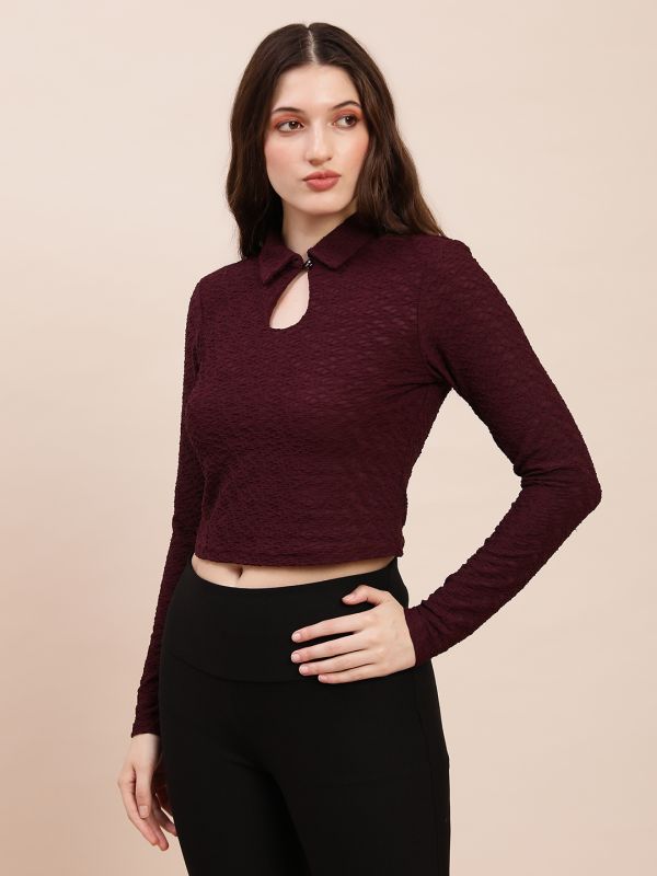 Globus Women Burgundy Collared Keyhole Neck Long Sleeves Self Design Top