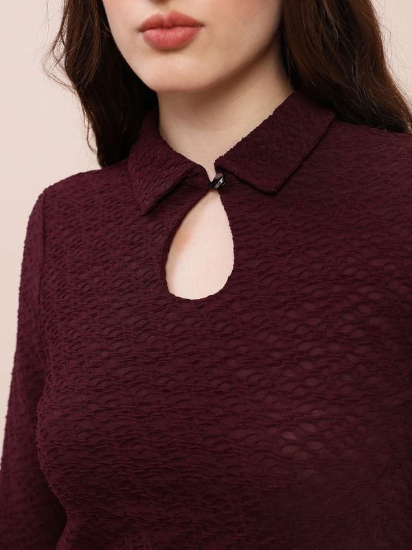Globus Women Burgundy Collared Keyhole Neck Long Sleeves Self Design Top