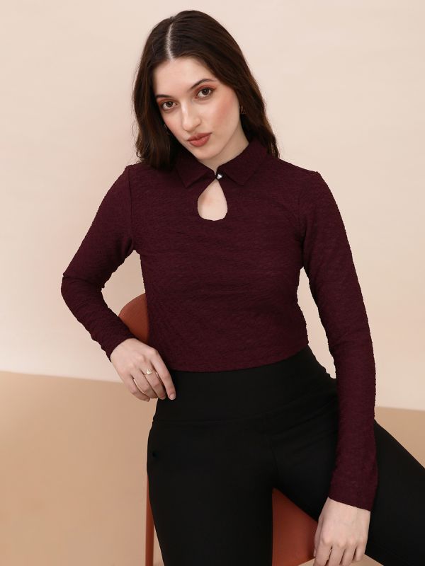 Globus Women Burgundy Collared Keyhole Neck Long Sleeves Self Design Top