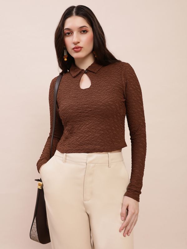 Globus Women Brown Collared Keyhole Neck Long Sleeves Self Design Top