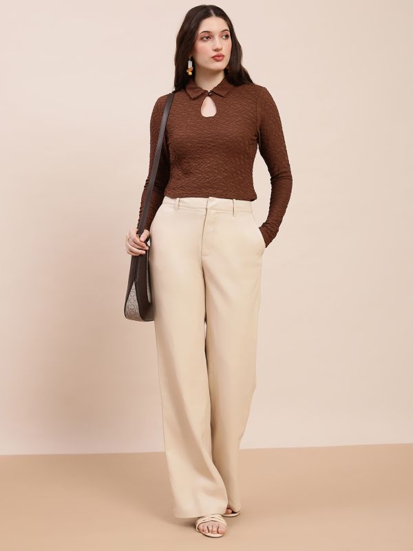 Globus Women Brown Collared Keyhole Neck Long Sleeves Self Design Top