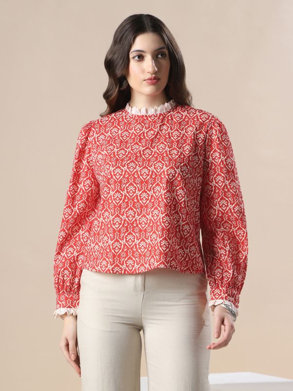Globus Women Red All Over Floral Print Bishop Sleeves High Neck Lace Detail Party Top