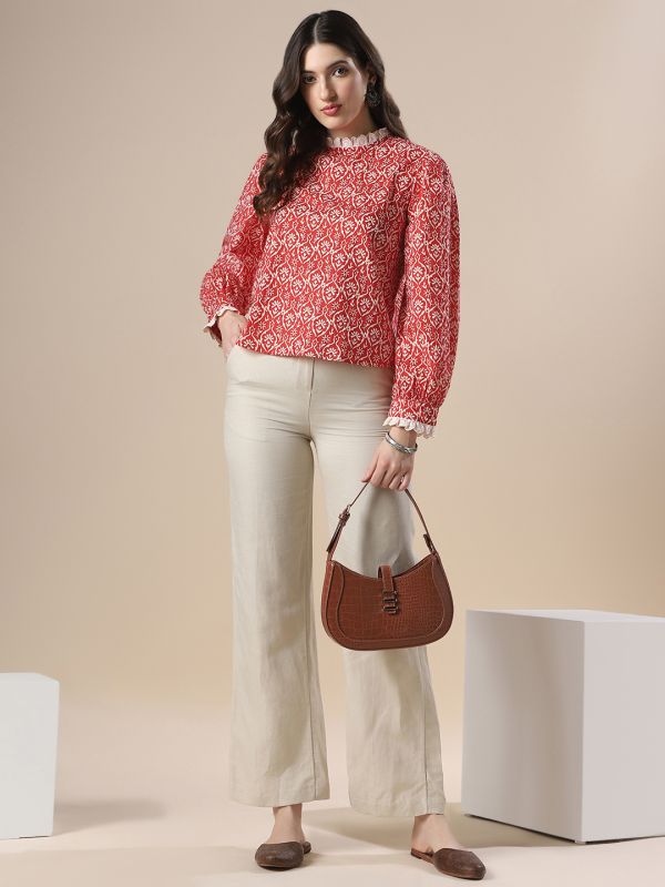 Globus Women Red All Over Floral Print Bishop Sleeves High Neck Lace Detail Party Top