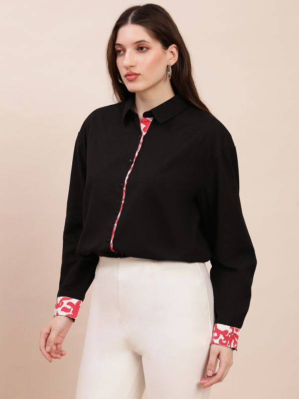 Globus Women Black Collared Neck Printed Placket & Cuffed Sleeves Curved Hem Oversized Shirt