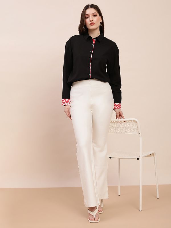 Globus Women Black Collared Neck Printed Placket & Cuffed Sleeves Curved Hem Oversized Shirt