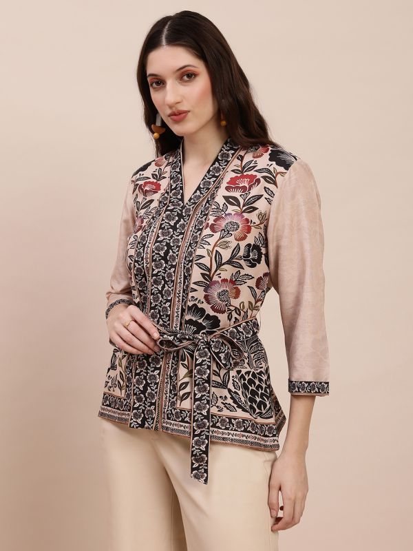 Globus Women Beige V-Neck Floral Print Top With Belt