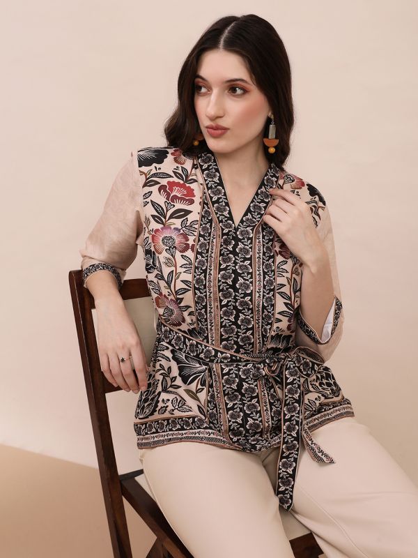 Globus Women Beige V-Neck Floral Print Top With Belt