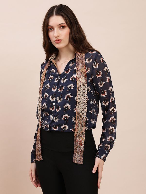 Globus Women Blue Collared Neck Tie Detail Cuffed Sleeves Abstract Print Georgette Shirt