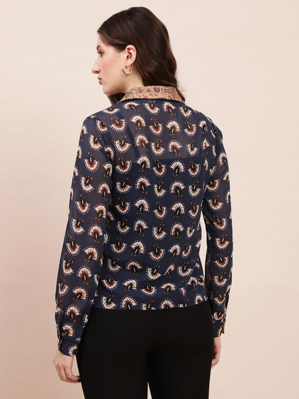 Globus Women Blue Collared Neck Tie Detail Cuffed Sleeves Abstract Print Georgette Shirt