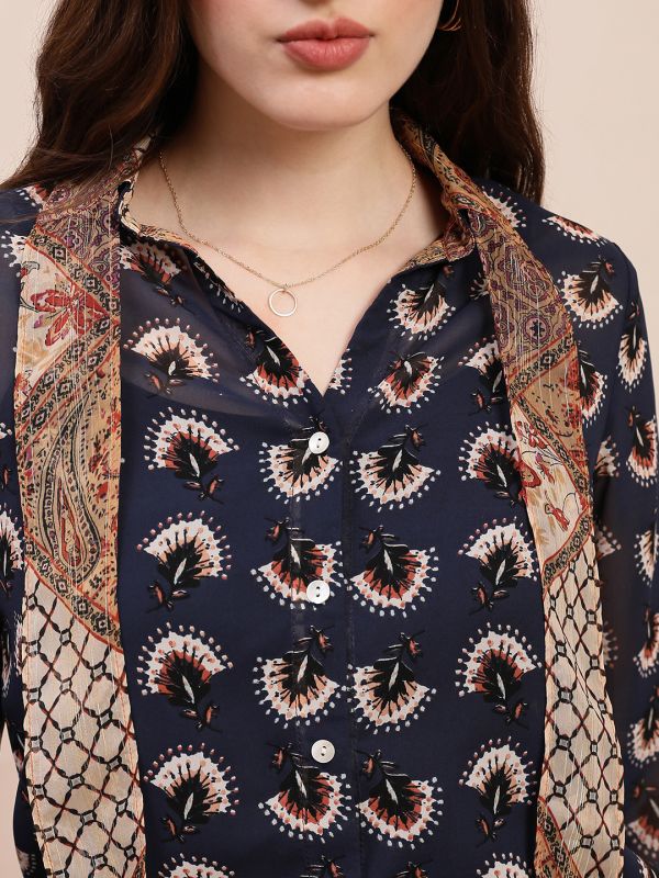 Globus Women Blue Collared Neck Tie Detail Cuffed Sleeves Abstract Print Georgette Shirt