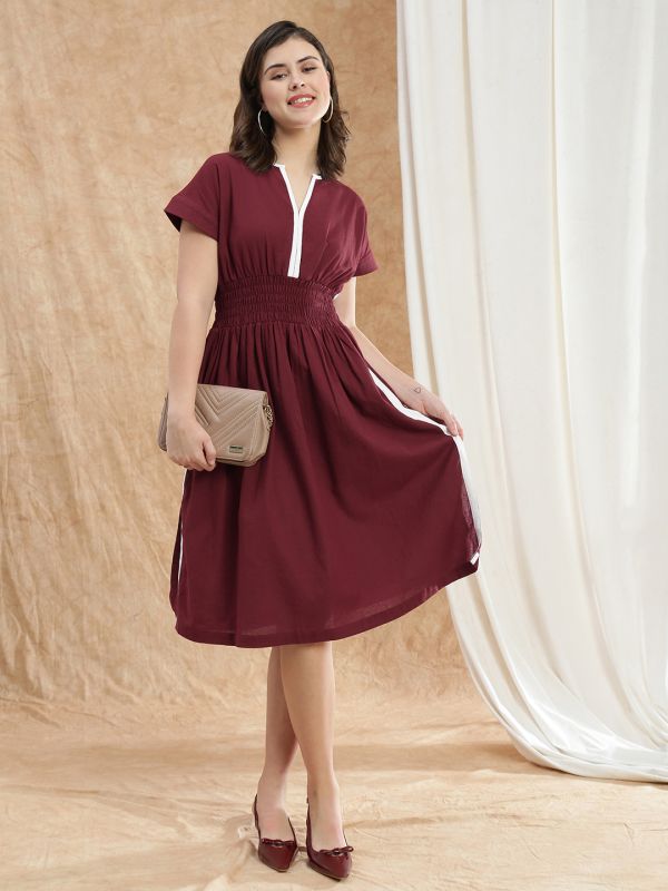 Globus Women Maroon V-Neck Extended Sleeves Solid Smocked Side Slit Midi Fit & Flare Dress