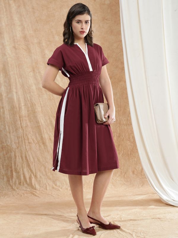 Globus Women Maroon V-Neck Extended Sleeves Solid Smocked Side Slit Midi Fit & Flare Dress
