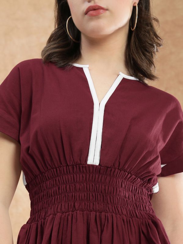 Globus Women Maroon V-Neck Extended Sleeves Solid Smocked Side Slit Midi Fit & Flare Dress