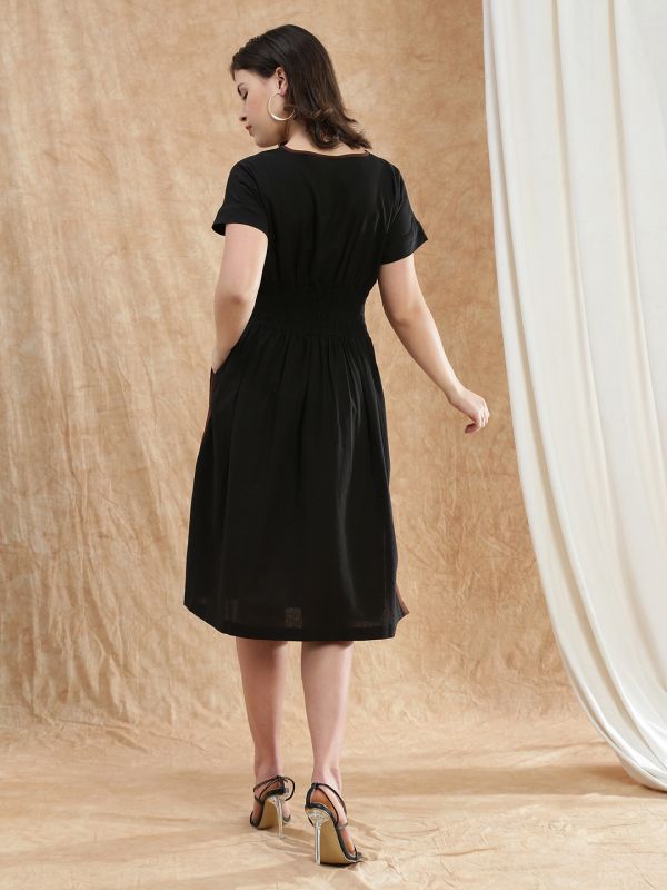 Globus Women Black V-Neck Extended Sleeves Solid Smocked Side Slit Midi Fit & Flare Dress