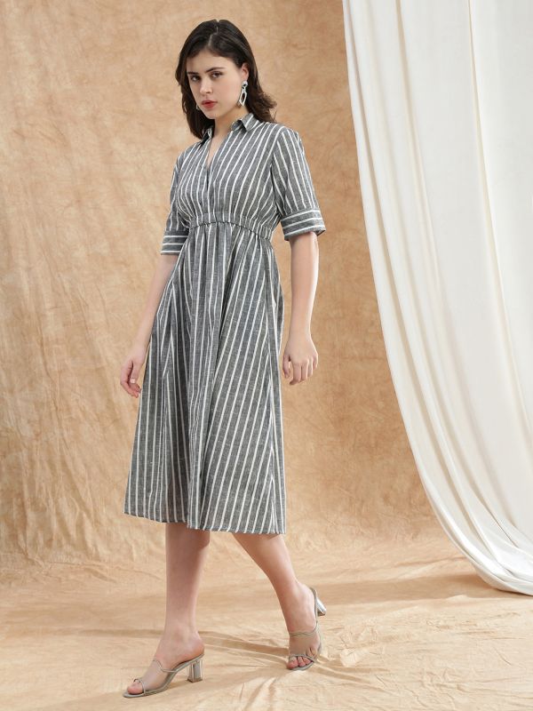 Globus Women Black Collared V-Neck Short Sleeved Striped Midi Fit & Flare Workwear Dress