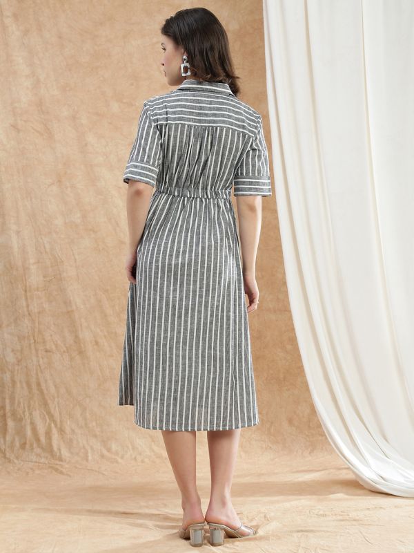 Globus Women Black Collared V-Neck Short Sleeved Striped Midi Fit & Flare Workwear Dress