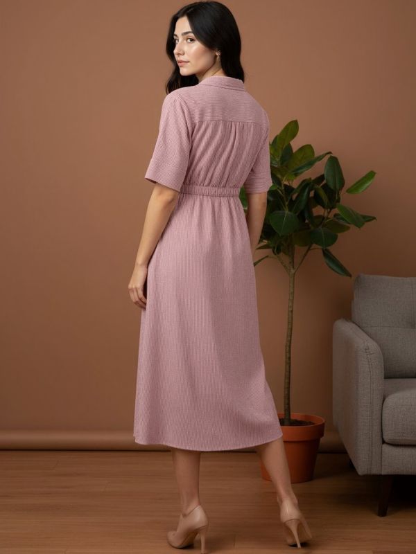 Globus Women Brown Collared V-Neck Short Sleeves Striped Midi Fit & Flare Workwear Dress