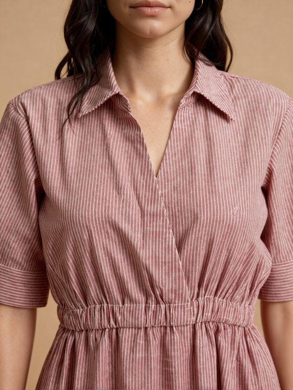 Globus Women Brown Collared V-Neck Short Sleeves Striped Midi Fit & Flare Workwear Dress