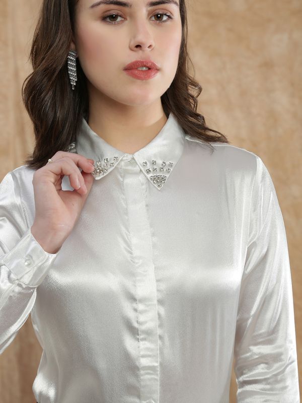 Globus Women Off White Embellished Spread Collar Cuffed Sleeve Satin Party Shirt