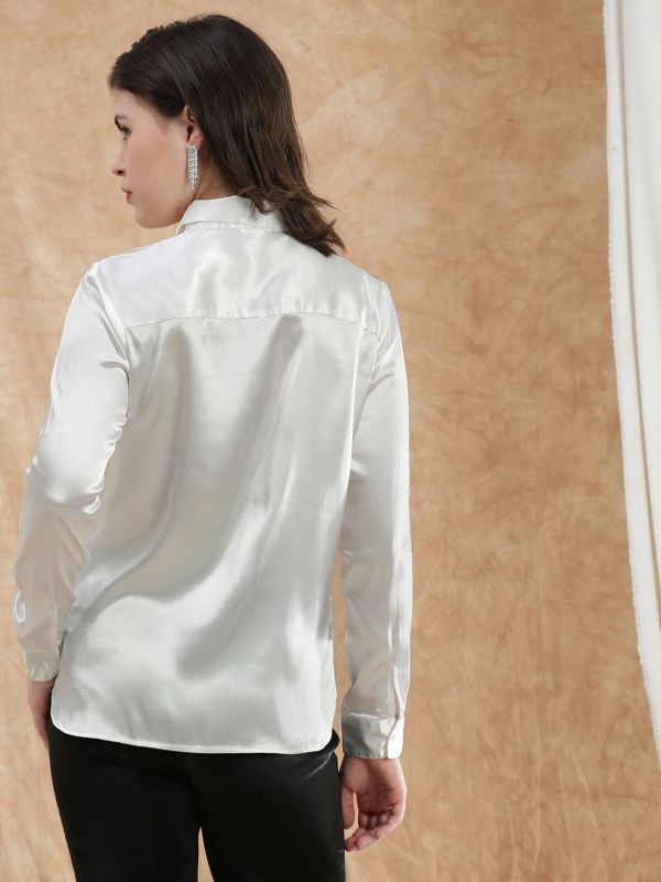 Globus Women Off White Embellished Spread Collar Cuffed Sleeve Satin Party Shirt