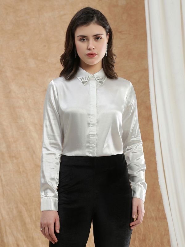 Globus Women Off White Embellished Spread Collar Cuffed Sleeve Satin Party Shirt