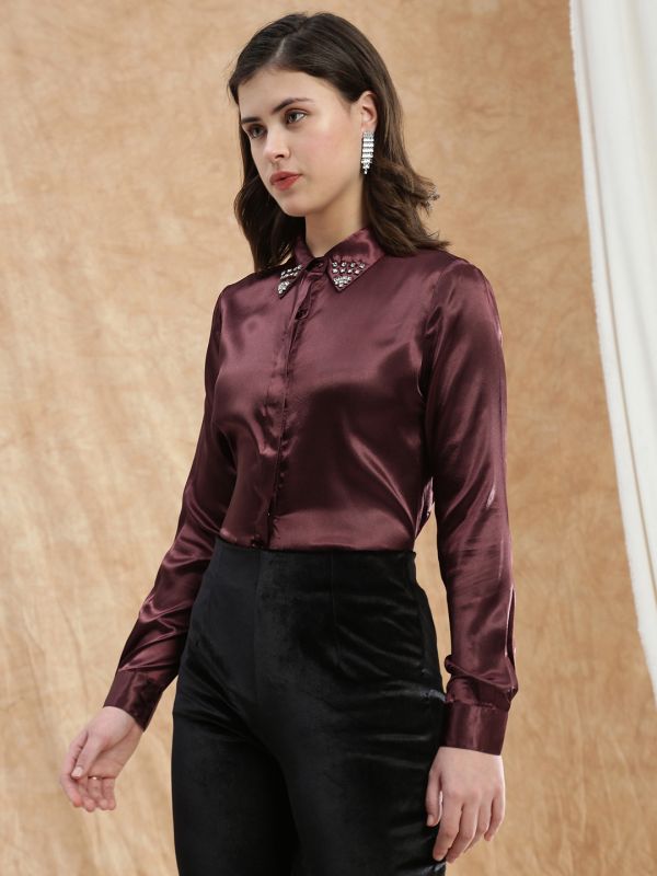 Globus Women Red Embellished Spread Collar Cuffed Sleeve Satin Party Shirt