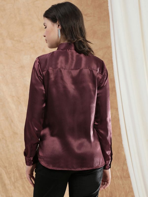Globus Women Red Embellished Spread Collar Cuffed Sleeve Satin Party Shirt